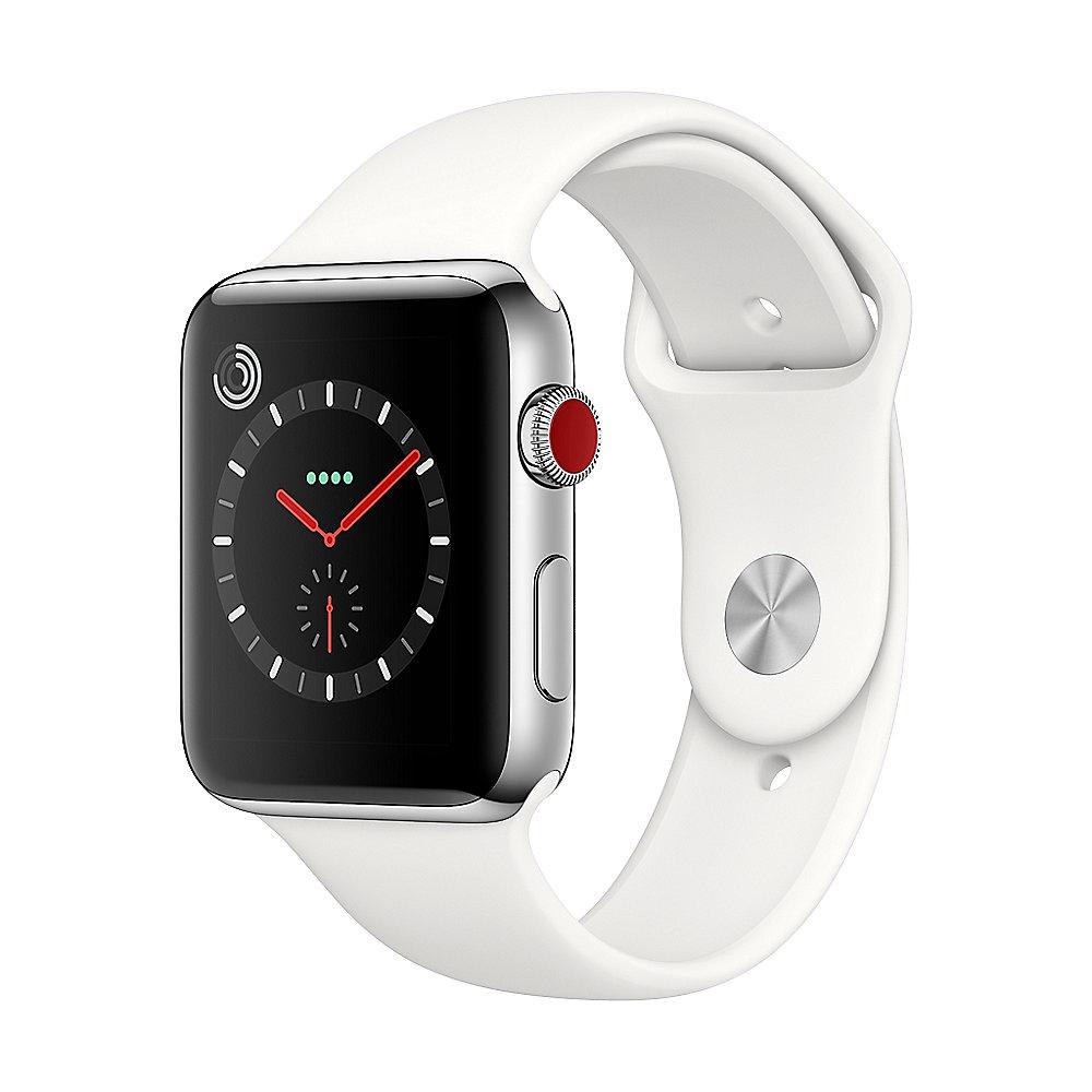 Apple Watch Series 3 LTE 42mm Edelstahlgehäuse mit Sportarmband Soft Weiß, Apple, Watch, Series, 3, LTE, 42mm, Edelstahlgehäuse, Sportarmband, Soft, Weiß