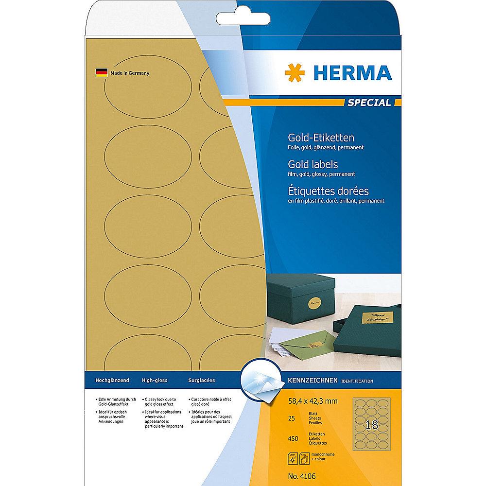 HERMA 4106 selbstklebende Etiketten Polyester oval 58,4x42,3mm Gold 450St, HERMA, 4106, selbstklebende, Etiketten, Polyester, oval, 58,4x42,3mm, Gold, 450St