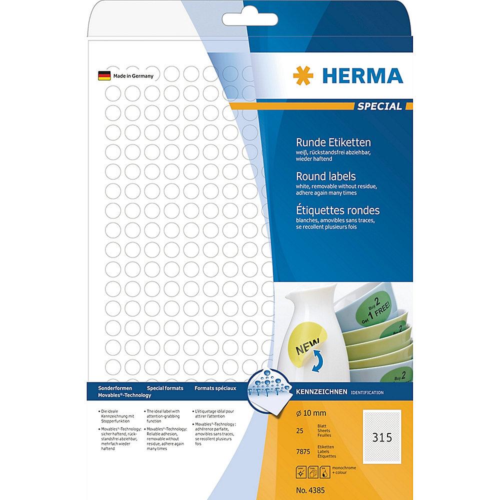 HERMA 4385 Etiketten A4 weiß Ø 10 mm rund Movables/ablösbar matt 7875 St., HERMA, 4385, Etiketten, A4, weiß, Ø, 10, mm, rund, Movables/ablösbar, matt, 7875, St.