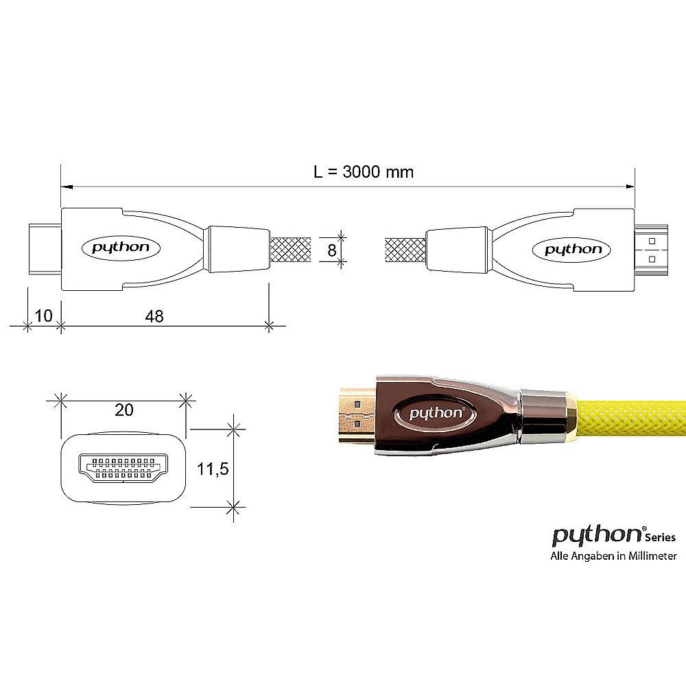 PYTHON HDMI 2.0 Kabel 3m Ethernet 4K*2K UHD vergoldet OFC gelb, PYTHON, HDMI, 2.0, Kabel, 3m, Ethernet, 4K*2K, UHD, vergoldet, OFC, gelb