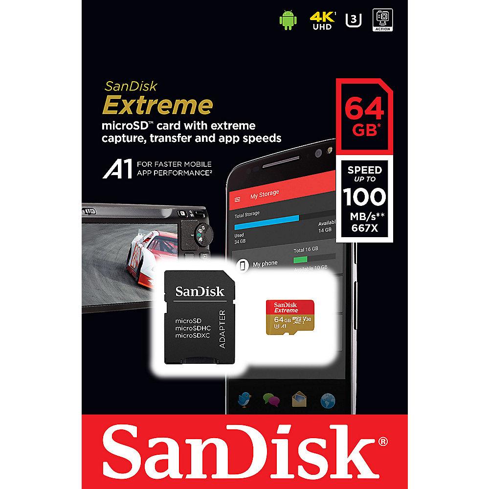 SanDisk Extreme 64GB microSDXC Speicherkarte Kit 60 MB/s, Class 10, U3, V30, A1, SanDisk, Extreme, 64GB, microSDXC, Speicherkarte, Kit, 60, MB/s, Class, 10, U3, V30, A1