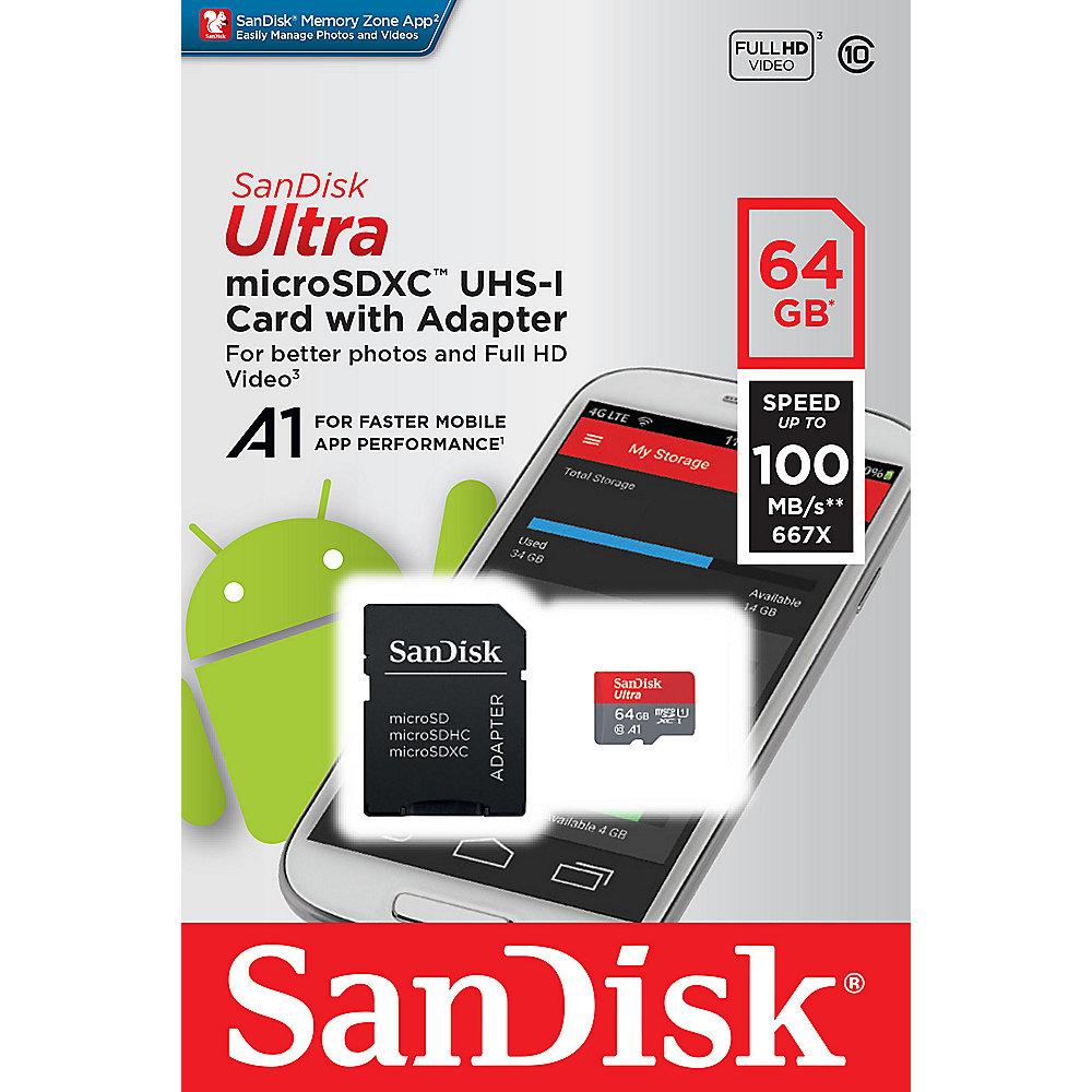 SanDisk Ultra 64 GB microSDXC Speicherkarte Kit (100 MB/s, Class 10, U1, A1), SanDisk, Ultra, 64, GB, microSDXC, Speicherkarte, Kit, 100, MB/s, Class, 10, U1, A1,