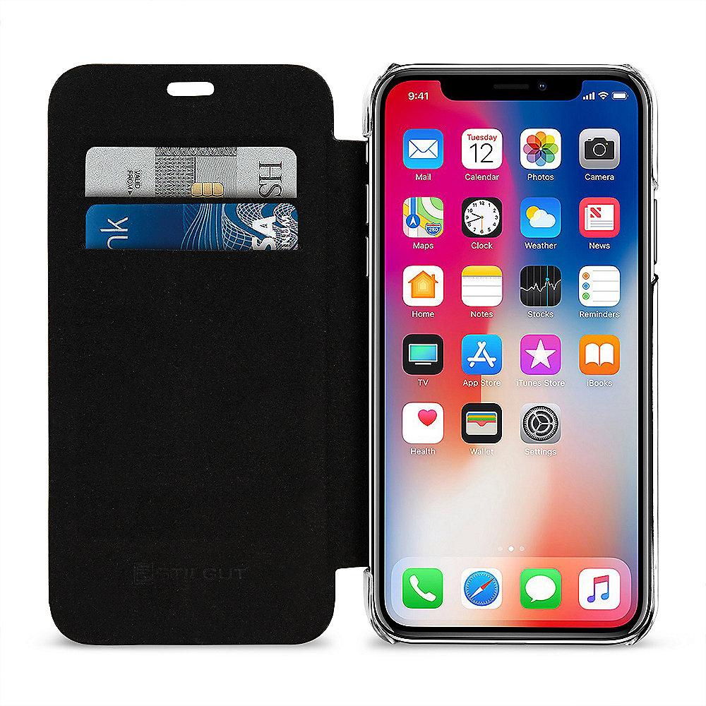 StilGut Book Type mit NFC/RFID Blocker für Apple iPhone X, braun/transparent