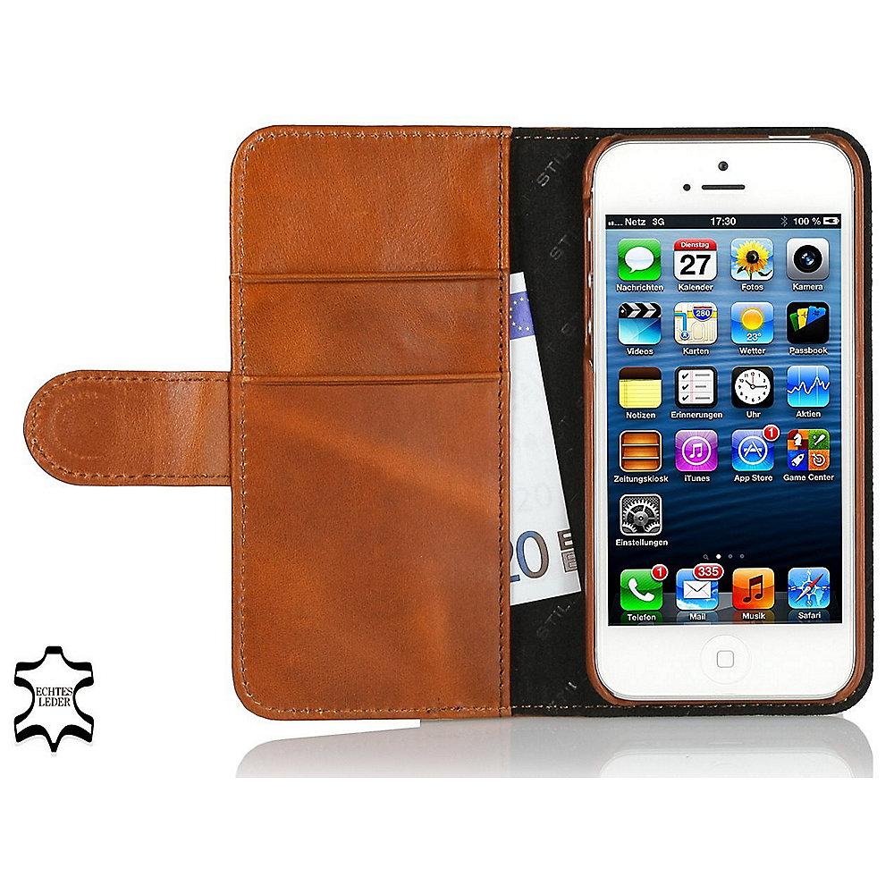 StilGut "Talis" Book Wallet Ledertasche für iPhone SE/5/5s cognac braun