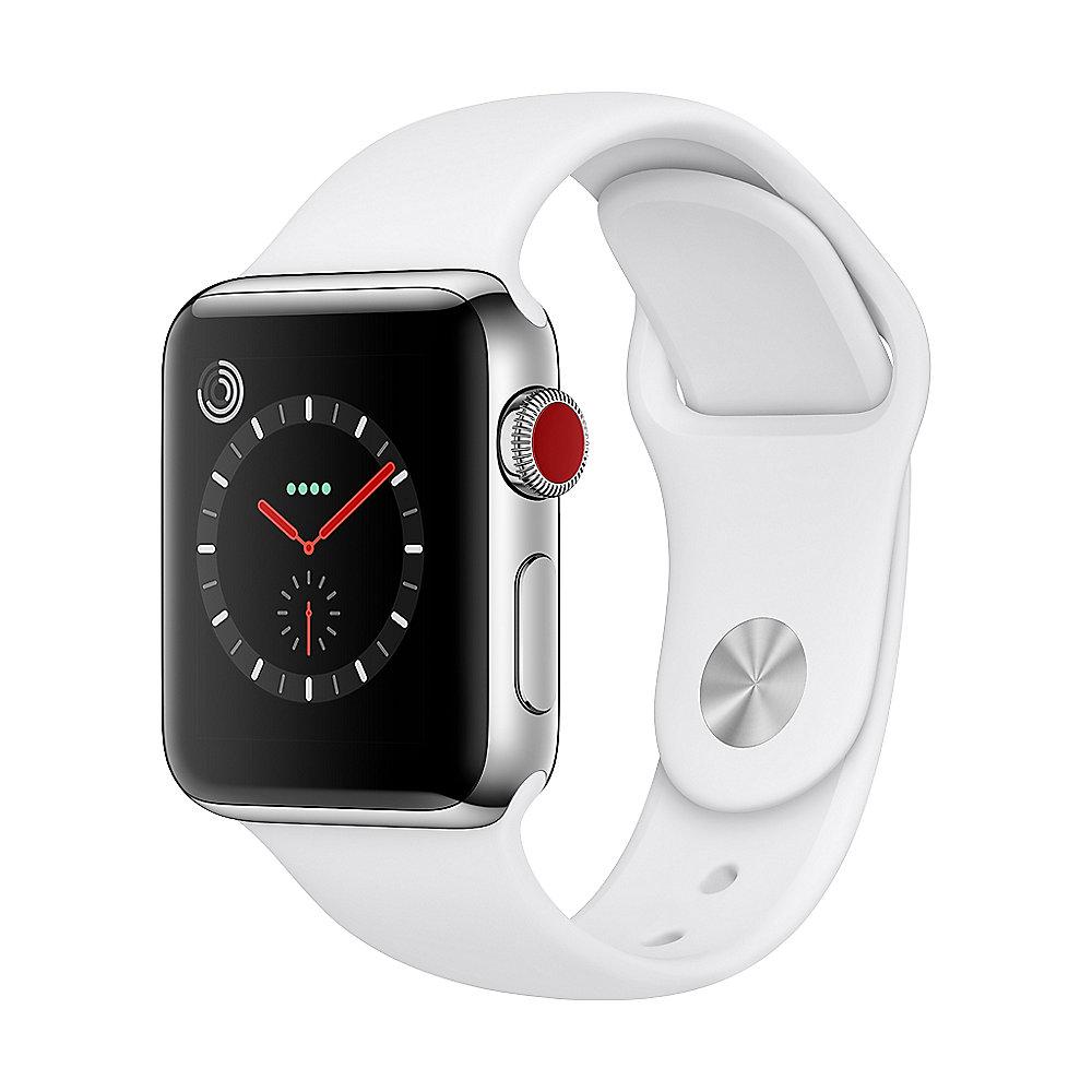 Apple Watch Series 3 LTE 38mm Edelstahlgehäuse mit Sportarmband Soft Weiß, Apple, Watch, Series, 3, LTE, 38mm, Edelstahlgehäuse, Sportarmband, Soft, Weiß