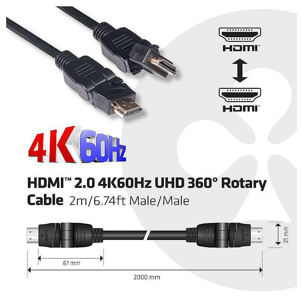 Club 3D HDMI 2.0 Kabel 2m 4K60Hz UHD 360° drehbar St./St. schwarz, Club, 3D, HDMI, 2.0, Kabel, 2m, 4K60Hz, UHD, 360°, drehbar, St./St., schwarz