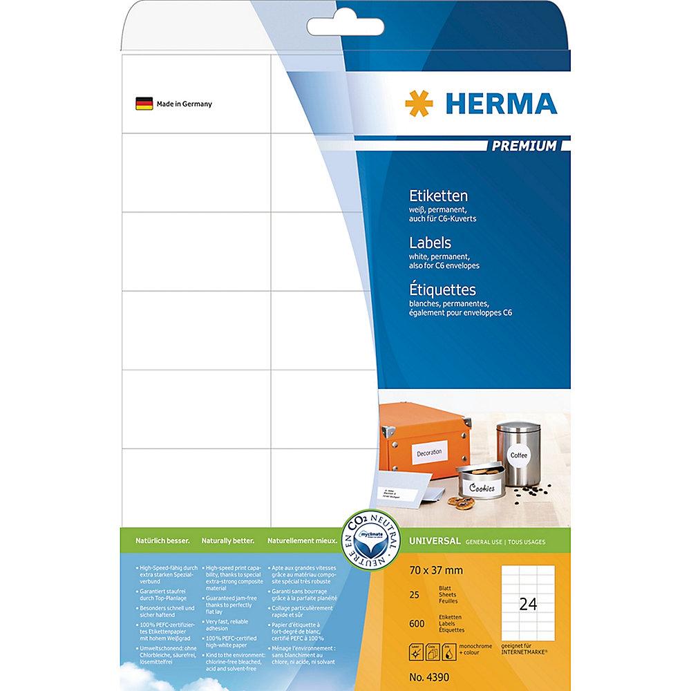 HERMA 4390 Etiketten Premium A4, weiß 70x37 mm Papier matt 600 St., HERMA, 4390, Etiketten, Premium, A4, weiß, 70x37, mm, Papier, matt, 600, St.