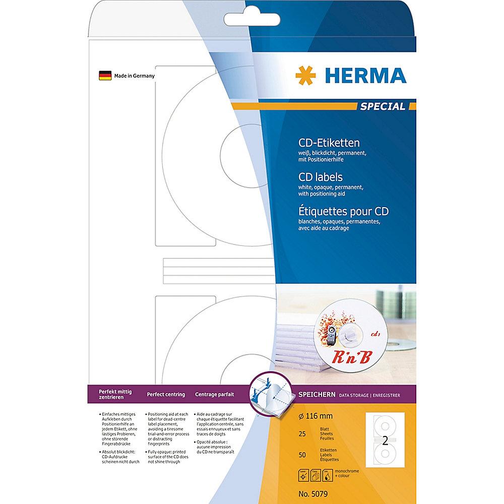 HERMA 5079 CD-Etiketten A4 weiß Ø 116 mm Papier matt blickdicht 50 St., HERMA, 5079, CD-Etiketten, A4, weiß, Ø, 116, mm, Papier, matt, blickdicht, 50, St.