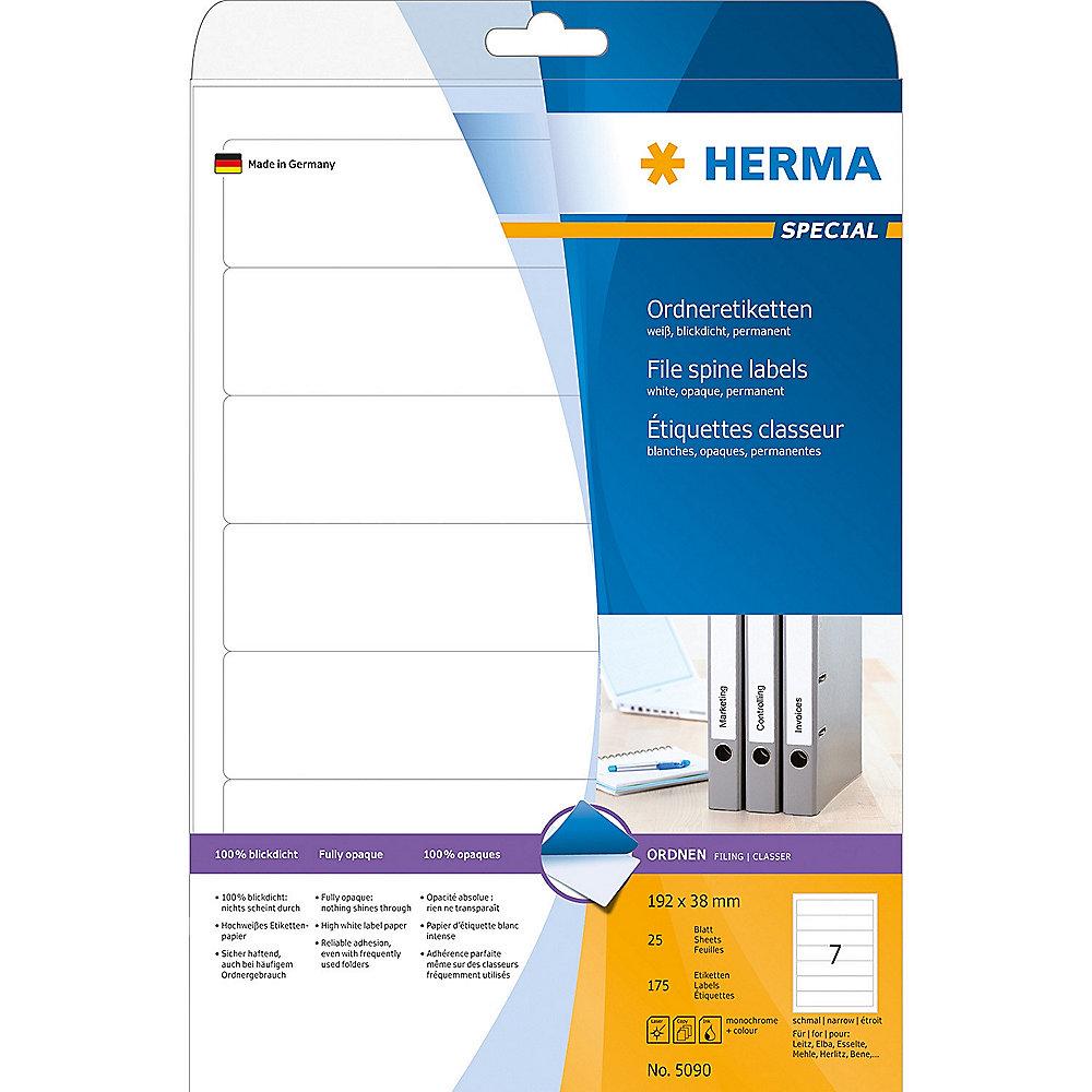 HERMA 5090 Ordneretiketten A4 weiß 192x38 mm Papier matt blickdicht 175 St., HERMA, 5090, Ordneretiketten, A4, weiß, 192x38, mm, Papier, matt, blickdicht, 175, St.