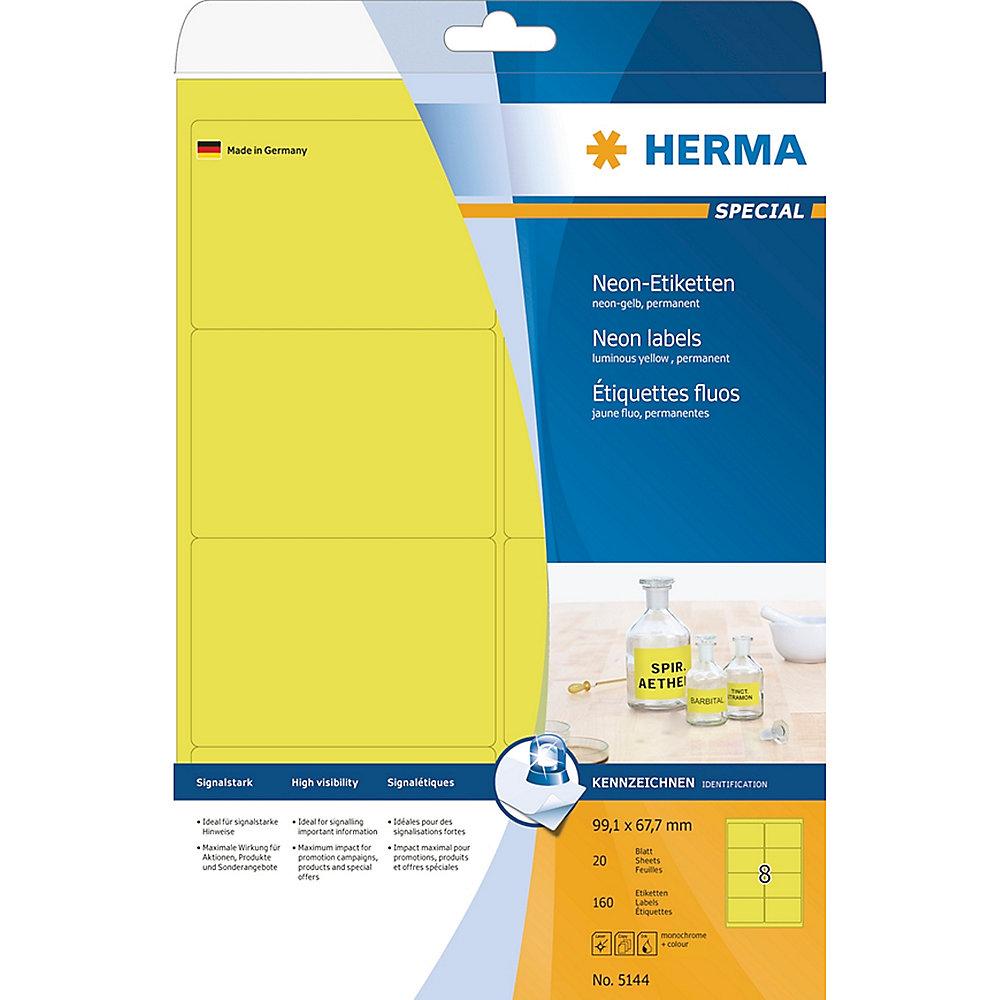 HERMA 5144 Etiketten A4 neon-gelb 99,1x67,7 mm Papier matt 160 St., HERMA, 5144, Etiketten, A4, neon-gelb, 99,1x67,7, mm, Papier, matt, 160, St.
