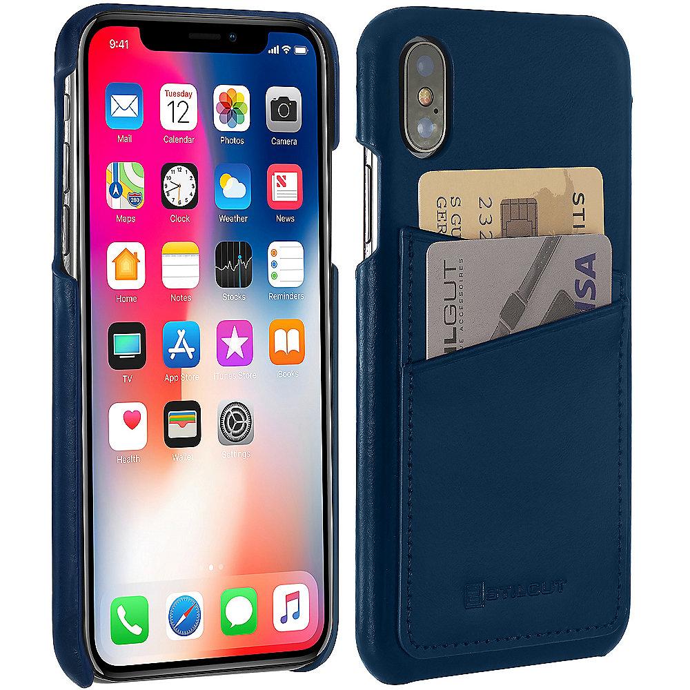 StilGut Leder Cover mit 2 Kartenfächern für Apple iPhone XS/ X d. blau B078BQV4