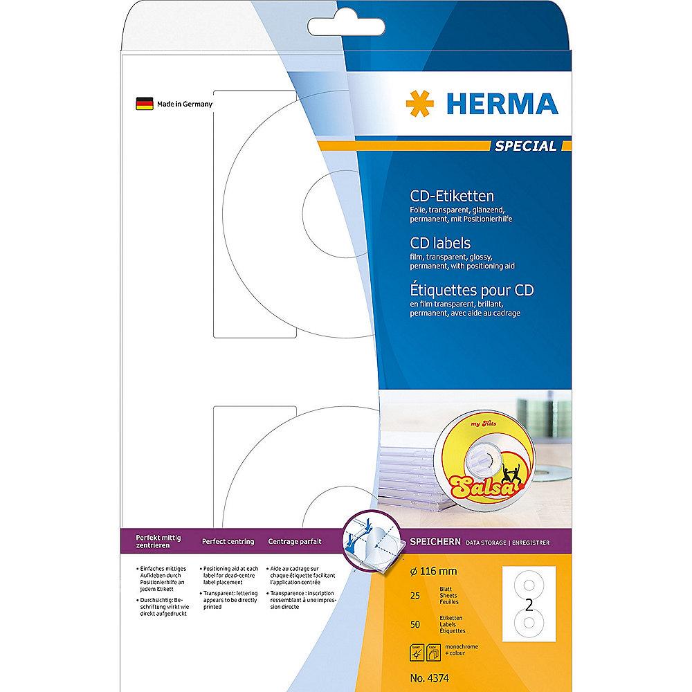 HERMA 4374 CD-Etiketten A4 Ø 116 mm transparent Folie glänzend 50 St., HERMA, 4374, CD-Etiketten, A4, Ø, 116, mm, transparent, Folie, glänzend, 50, St.