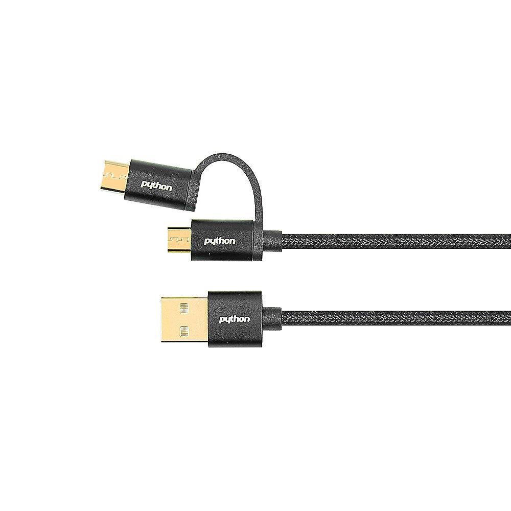 PYTHON USB 2.0 Daten-/Ladekabel 2,0m USB-A zu micro-B/USB-C 2in1 schwarz, PYTHON, USB, 2.0, Daten-/Ladekabel, 2,0m, USB-A, micro-B/USB-C, 2in1, schwarz
